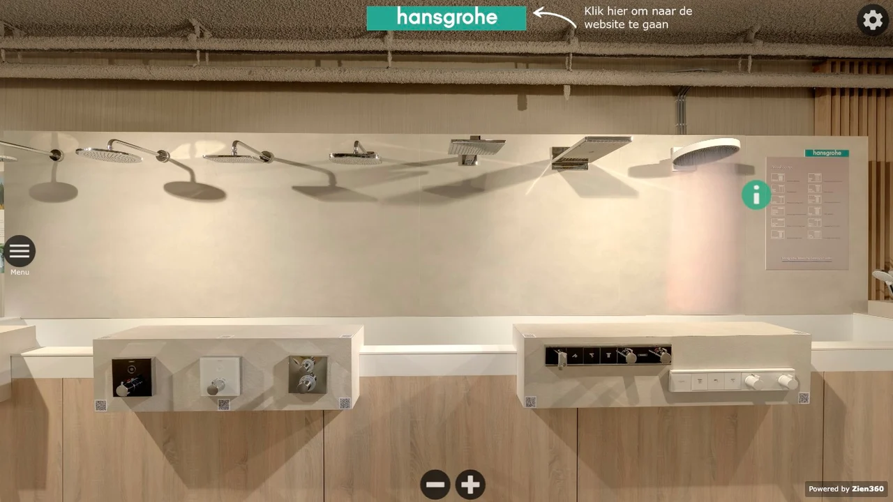 Interactieve Hansgrohe-douche met zichtbare waterstraal in de virtuele tour van The Water Studio