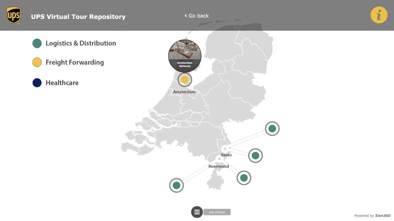 Kaart van Nederland met virtuele tours van UPS-locaties in Amsterdam, Venlo en Roermond Kaart van Nederland met virtuele tours van UPS-locaties in Amsterdam, Venlo en Roermond