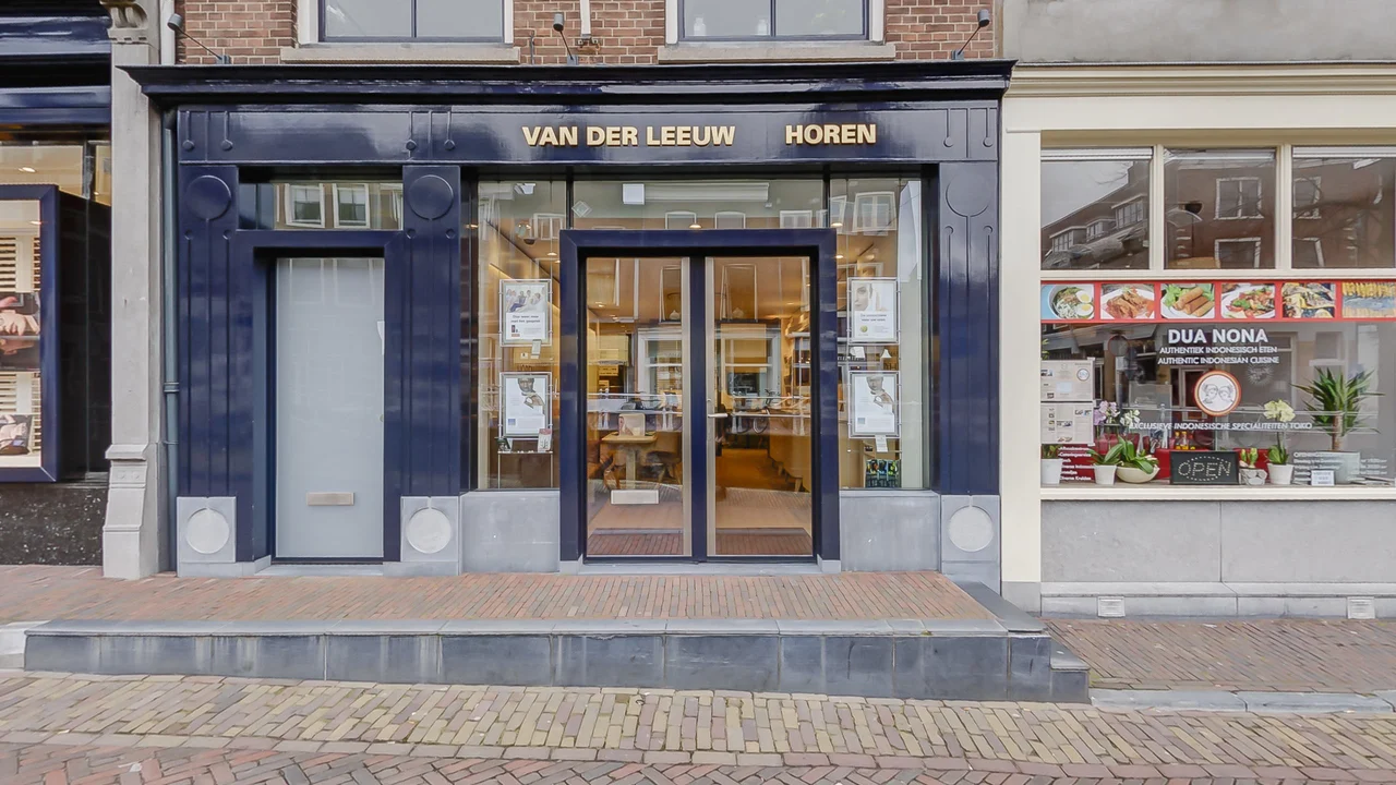Gevel en ingang van Van der Leeuw Horen in Delft