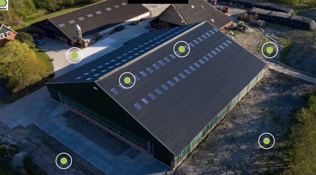 Aerial view of a dairy barn with DSD barn systems