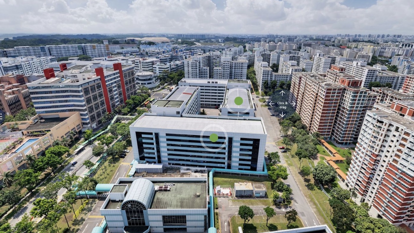 Luchtbeeld van de Marken-locatie in Singapore tussen omliggende stadsbebouwing