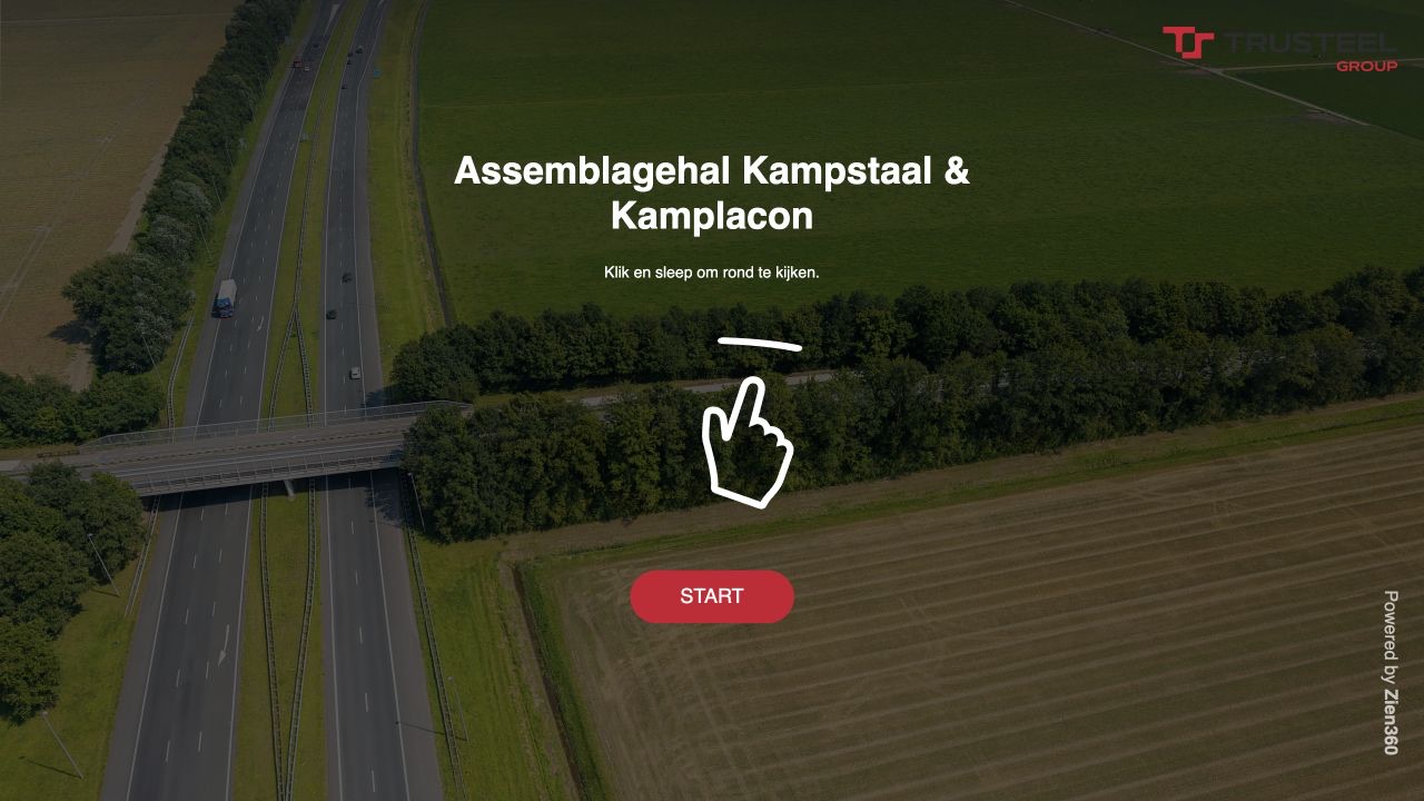 Startscherm van de virtuele tour door de assemblagehal van Kampstaal en Kamplacon