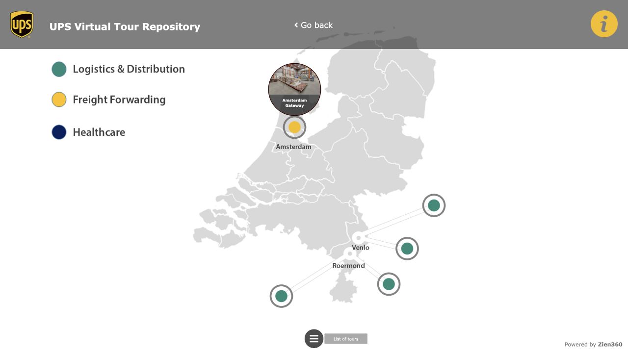 Kaart van Nederland met virtuele tours van UPS locaties in Amsterdam, Venlo en Roermond